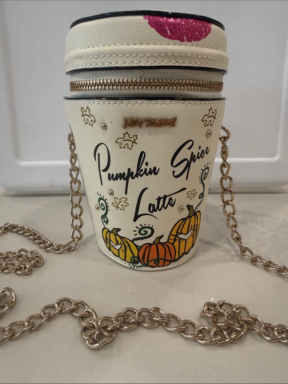 Betsey Johnson Cream Pumpkin Spice Latte Mini Crossbody with Gold Chain
